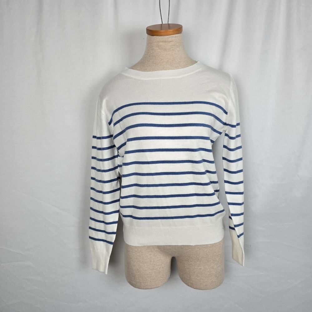 Pullover Sweater Women's S White with Blue Stripes Crew Neck NWOT